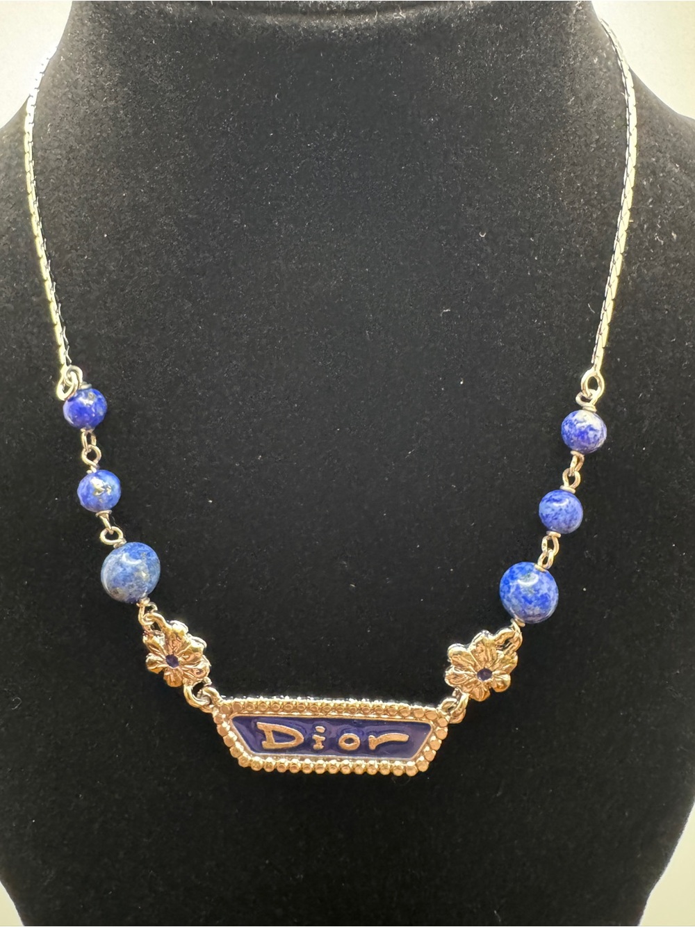 Christian Dior “Dior” Lapis Gemstone Silver Chain Logo Nameplate Necklace